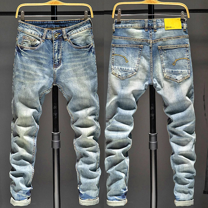 Denim washed Holes Ripped Patchwork denim Streetwear Light Blue Denim Slim Skinny Pencil Pants Oversize men Trousers jean man