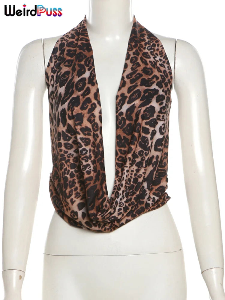 Weird Puss Halter Backless Tank Tops Women Sexy Hipster Swing Collar Leopard Print Summer Trend Hot Chick Wild Streetwear Vest