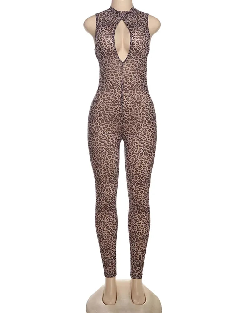 Weird Puss Hollow Jumpsuit Women See Through Sexy Leopard Print Sleeveless Hipster Fit Street Midnight Party Workout Overalls