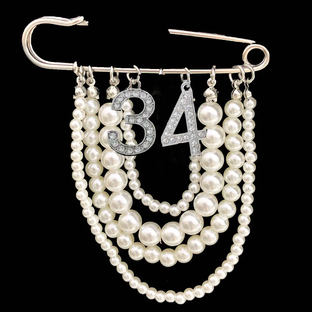 Greek Number Sorority Cloth Twisted Pearl Brooches for Women Fashion Coat Link Pins Hanging Style Brooch Summer Jewelry