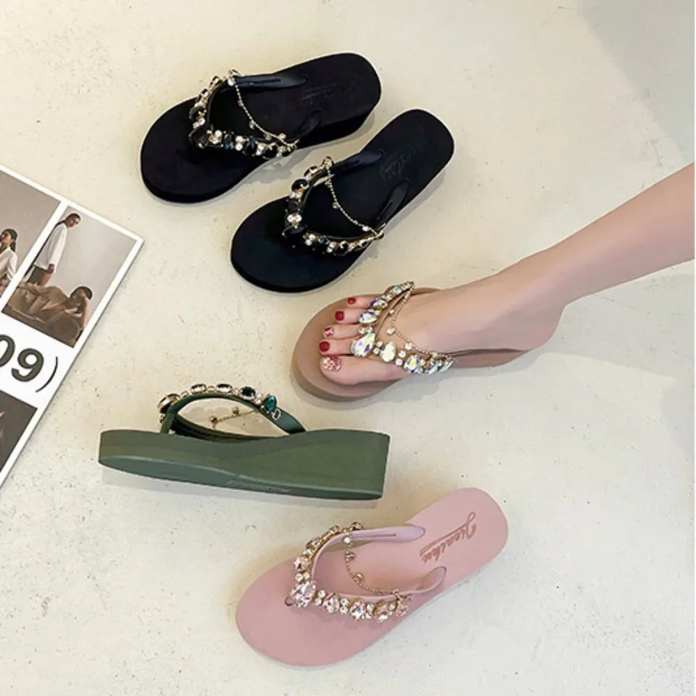 Women Slippers Fashion 2026 Summer New Water Diamond Flip Flops Women Outwear Thick Sole Slope Heels Beach Vacation Slippers
