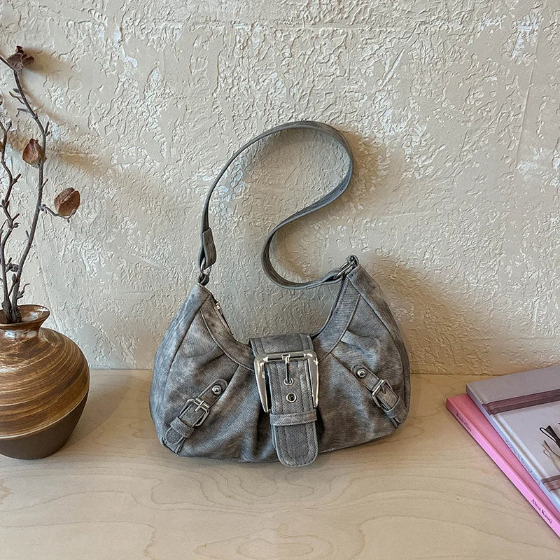 Vintage Tie-Dye Denim Underarm Bag Y2K Metal Buckle Pleated Commuting Versatile Handbag Crescent Small Shoulder Bag