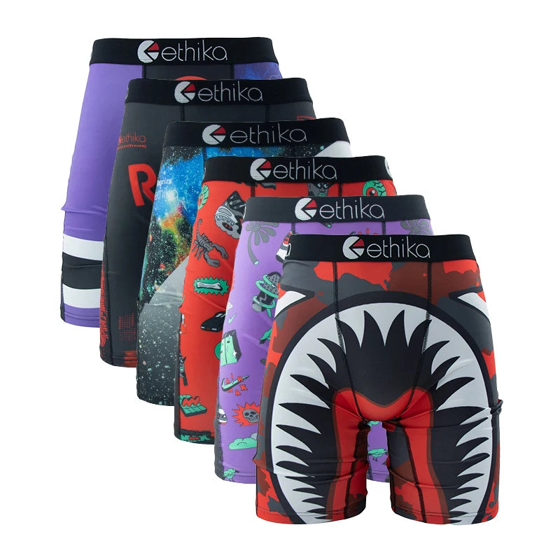 ETHIKA 6Pcs Men Underwear Boxers Breathable Man Swimming Underpants Plus Size Print Mens Panties Trunks Sexy Men's Boxershorts