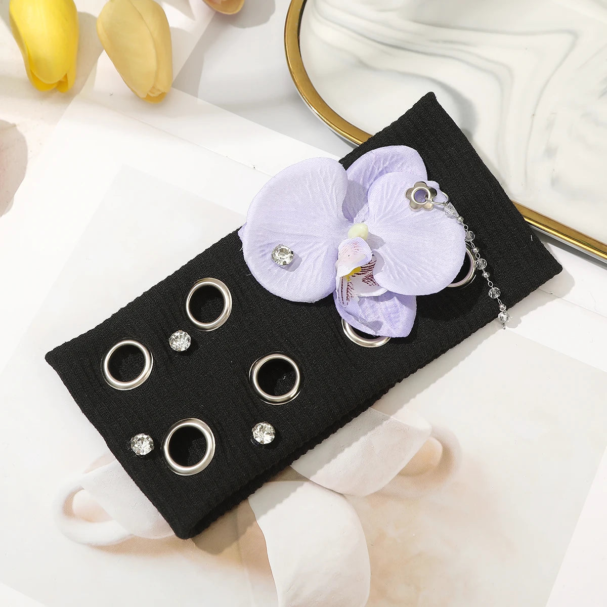 AWAYTR Punk Girl Fabric Hollow Elastic Headbands Metal Rock Personalized Hollow Eyelets Hair Band Casual Sports Grommet Headband