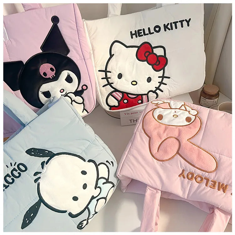 Sanrio Kawaii Hello Kitty Kuromi Tote Bags Cute My Melody Pochacco Cartoon Down Cotton Large Capacity Shoulder Bag Gifts Girls