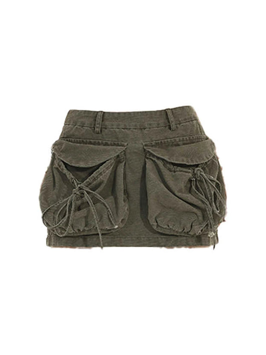 Women's Army Green A-line Denim Cargo Skirt Vintage Y2k Gyaru Mini Cowboy Skirts Harajuku Short Skirts 2000s Clothes 2025 Summer