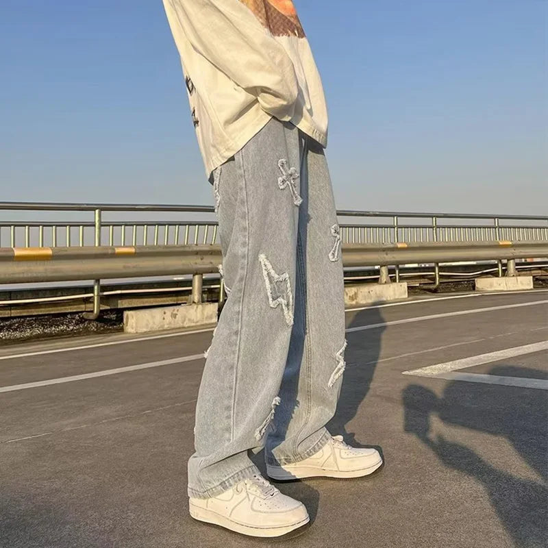 Straight Leg Denim Jeans Male New Fashion Casual Loose High Street Y2k Pants New Wide Leg Hip Hop Black Blue Pants