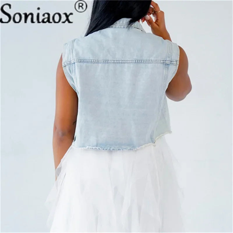 2024 Summer New jeans Jacket Coat Women Lapel Short Jacket Casual Jacket Vest Beaded Diamond Vest Jacket Women Streetwear