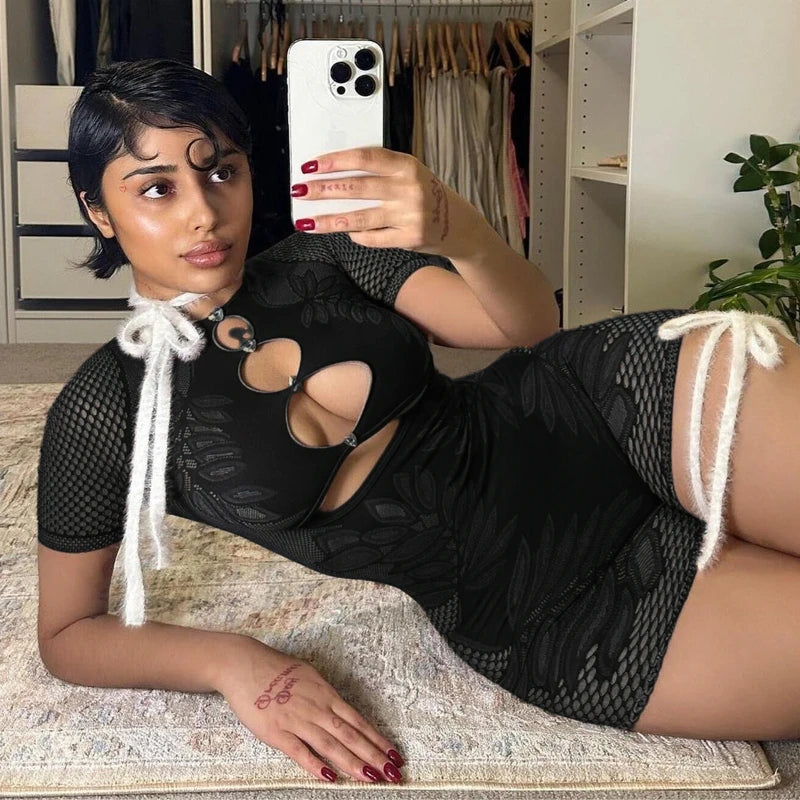 Weird Puss Hollow Diamond Playsuits Woman Summer Sexy Short Sleeve O-Neck Sport Knit Casual Comfortable Streetwear Skinny Romper
