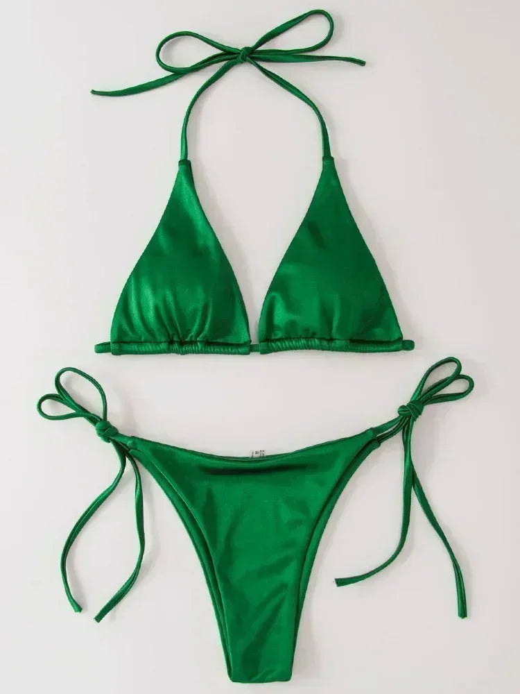 Halter Brazilian Metallic Satin Bikini  Swimwear, Swimsuit Two-pieces Bikini Set High Cut Bathing Suit Swim Beachwear