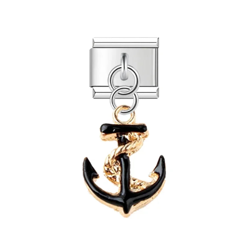 2025 NEW Popular Bow Anchor Pendant Elastic Charm Italian Links Fit 9mm Modular Bracelet Making DIY Jewelry Bulk