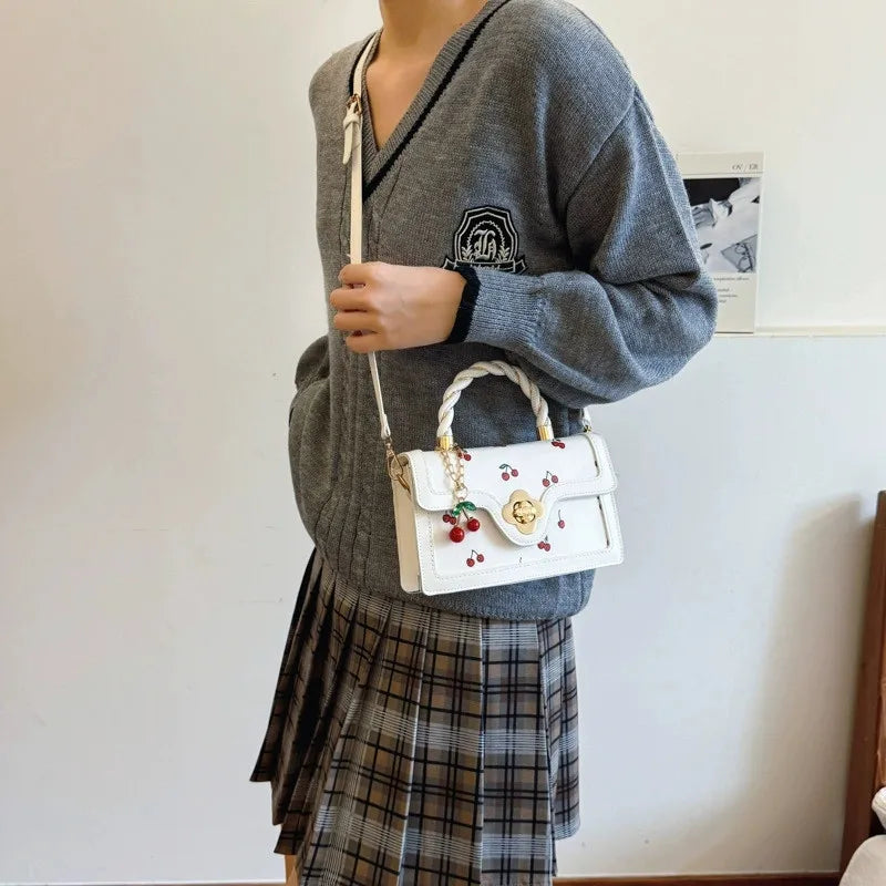 Cute Cherry Printed Handbag Shoulder Bag, Woven Handle Square Tote Bag, Fresh Design Women's Crossbody Bag, Stylish Women Bag