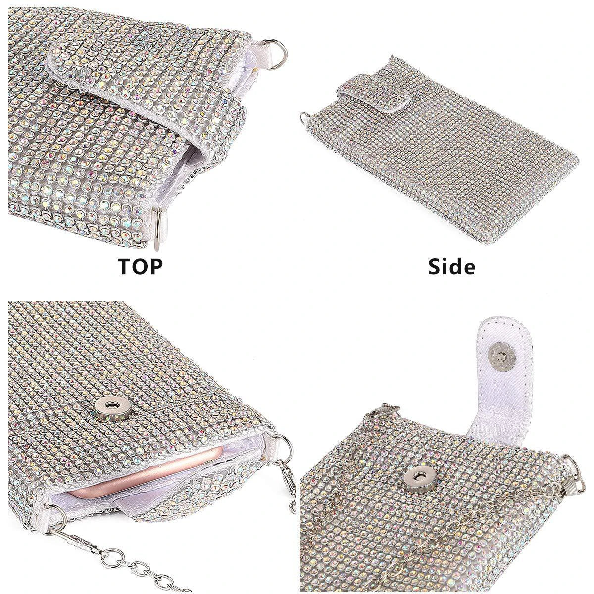 Shiny rhinestone mobile phone wallet, metal chain shoulder lipstick mini bag, dinner party ball messenger bag