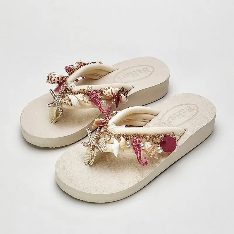 Bohemian High-heeled Flip-flops for Women Summer Vacation Platform Beach Slippers