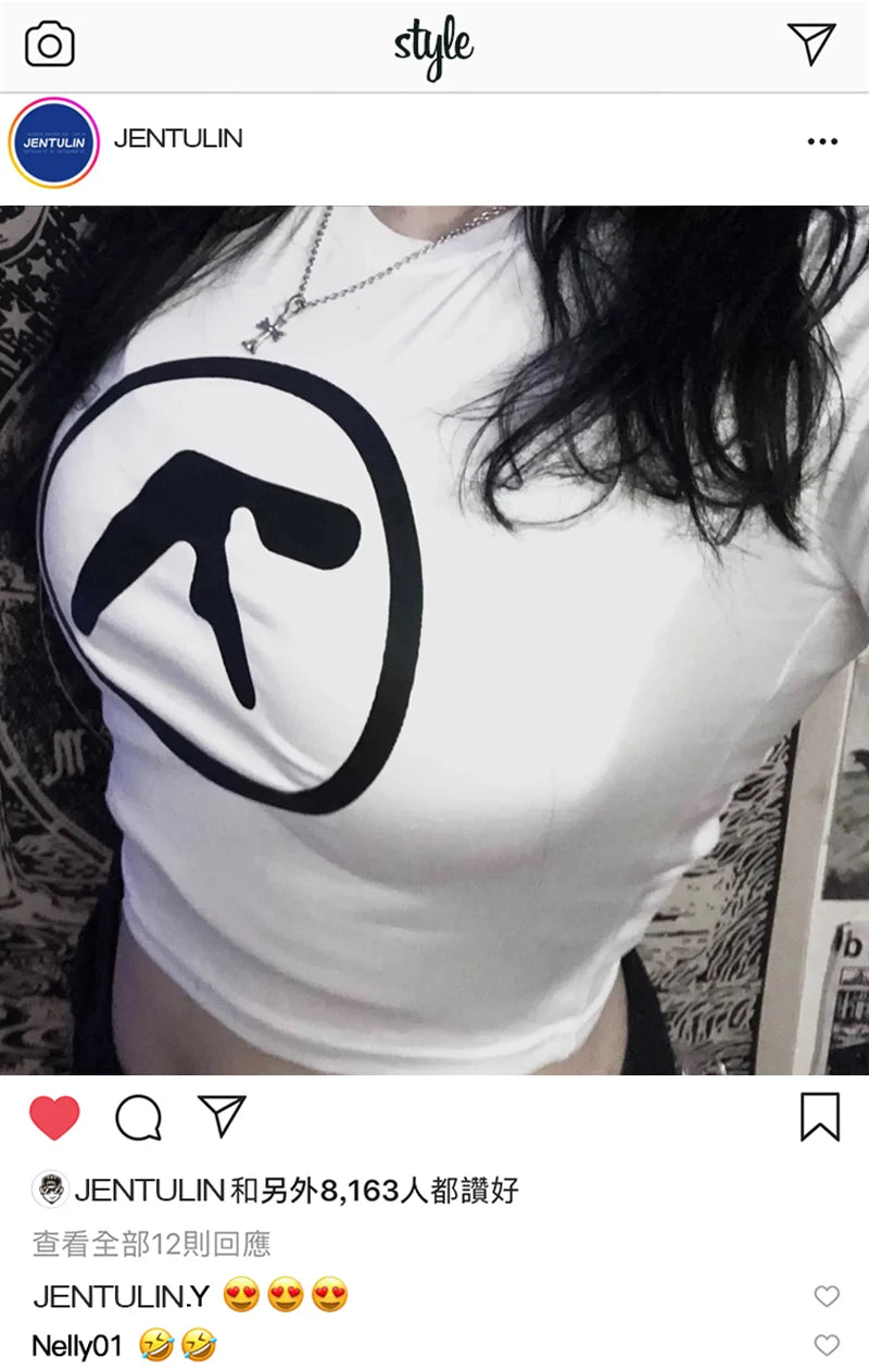 Punk Aphex Twin Print T-Shirt Oversize Hip Hop Women Streetwear Harajuku Crop Top Baby Tee Goth Summer Grunge Gothic Clothes Y2k