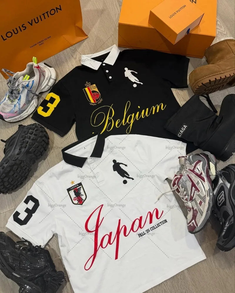 High Street Trendy Brand Harajuku Streetwear Polo Shirt Men Hip Hop Gothic Punk Retro Lapel T-shirt Casual Y2K Graphic Top Women