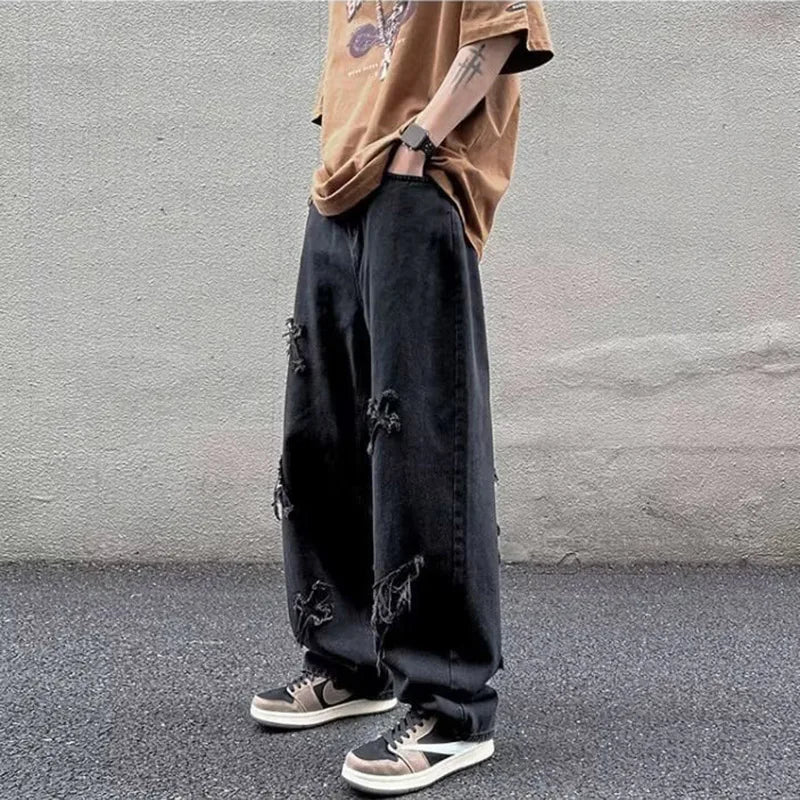 Straight Leg Denim Jeans Male New Fashion Casual Loose High Street Y2k Pants New Wide Leg Hip Hop Black Blue Pants