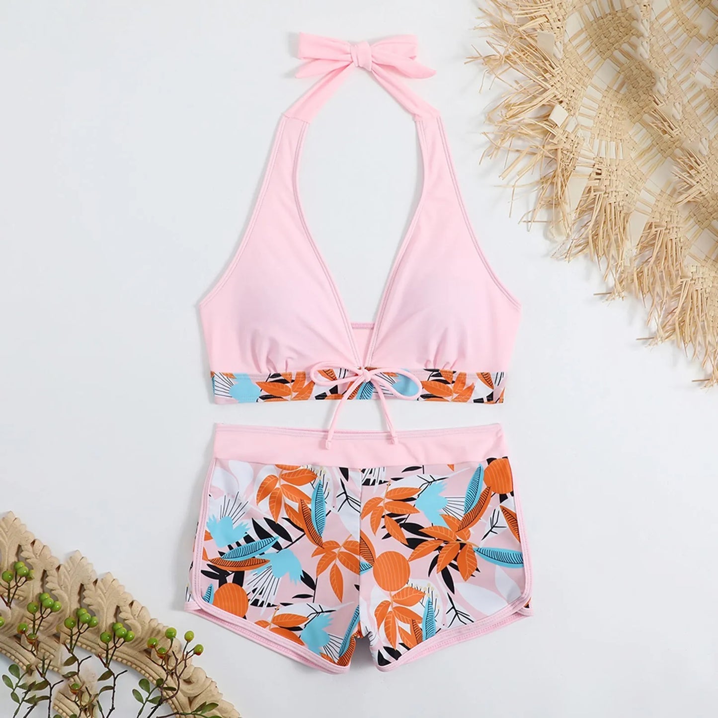 Shorts Bikinis Set  High Waist Swimsuit Women Swimwear  Plant Print Bathers Bathing Swim Suit Beachwear