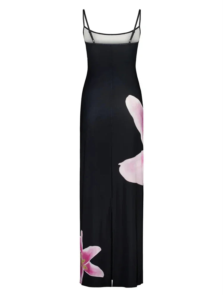 Elegant Printed Backless Long Dress Summer Women's Fashion Contrast Color Party Dress Patchwork Suspender Long Dress 2024 New