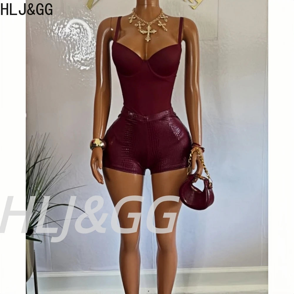 HLJ&GG Sexy Bodycon Spaghetti Strap Bodysuits Two Piece Sets Women V Neck Sleeveless Backless Top + Leather Snake Shorts Outfits