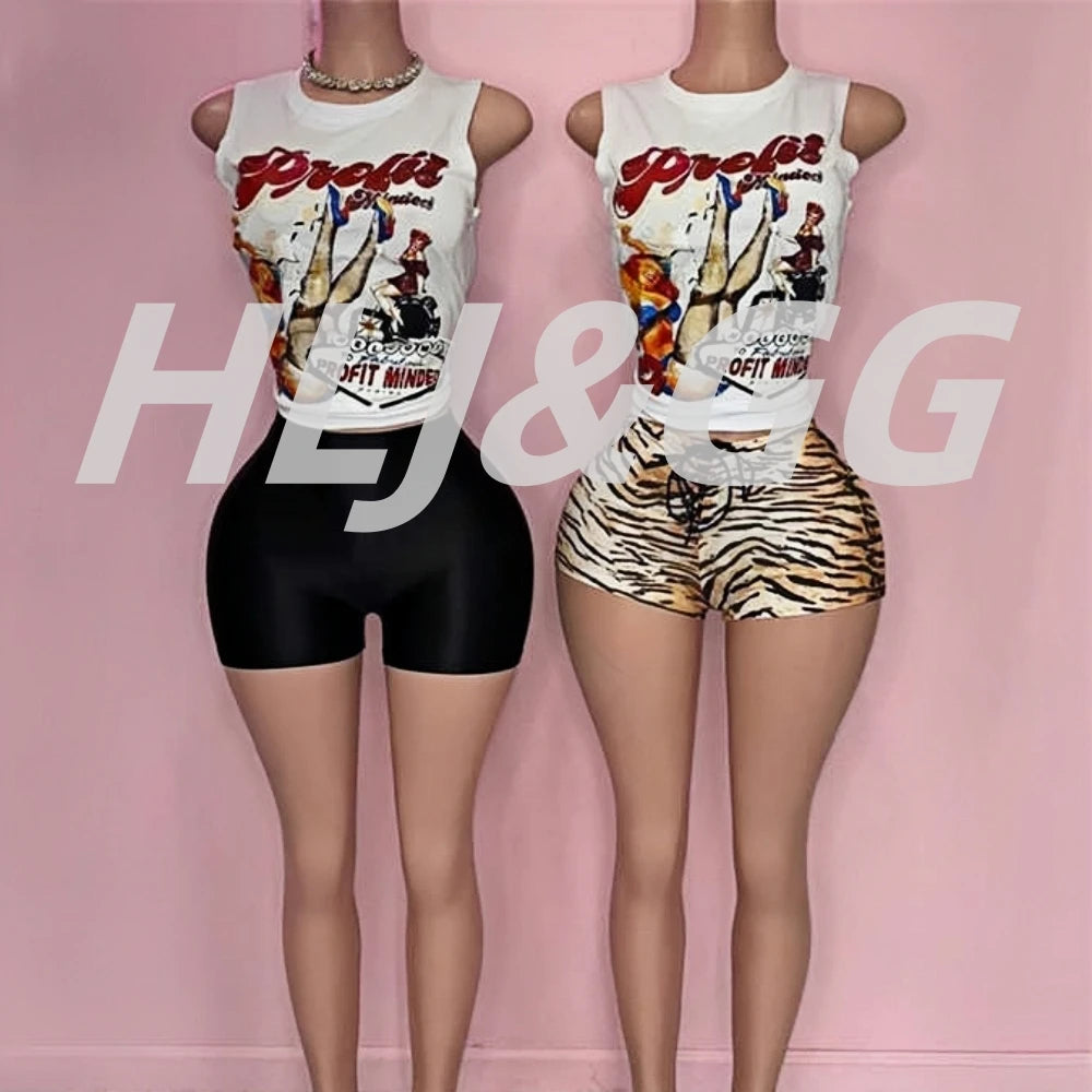 HLJ&GG Fashion American Vintage Style Pattern Print Two Piece Sets Women O Neck Sleeveless Top And Tiger Bandage Shorts Outfits