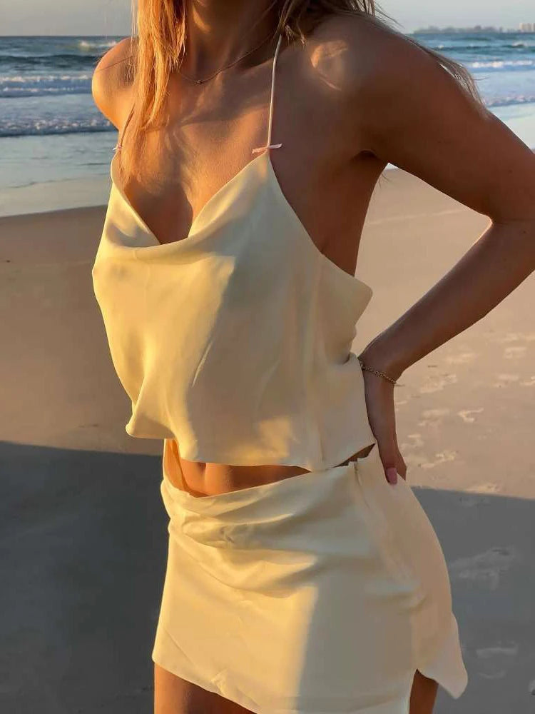 Weird Puss Summer Fashion 2 Piece Set Women Halter Swing Collar Ruffles Hem Tops+Mini Skits Vacation Trend Beach Party Outfits