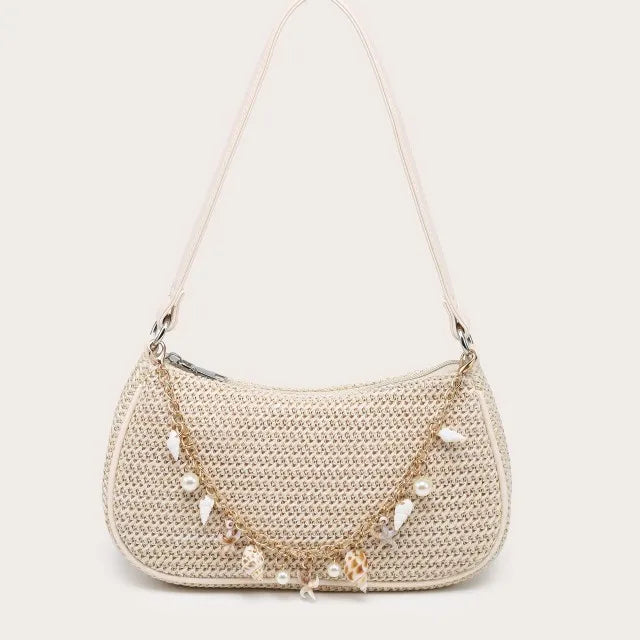 Bohemian Summer Straw Shoulder Bag with Ocean Shell, Starfish & Seahorse Charms, Perfect for Beach Vacation & Tropical Getaways