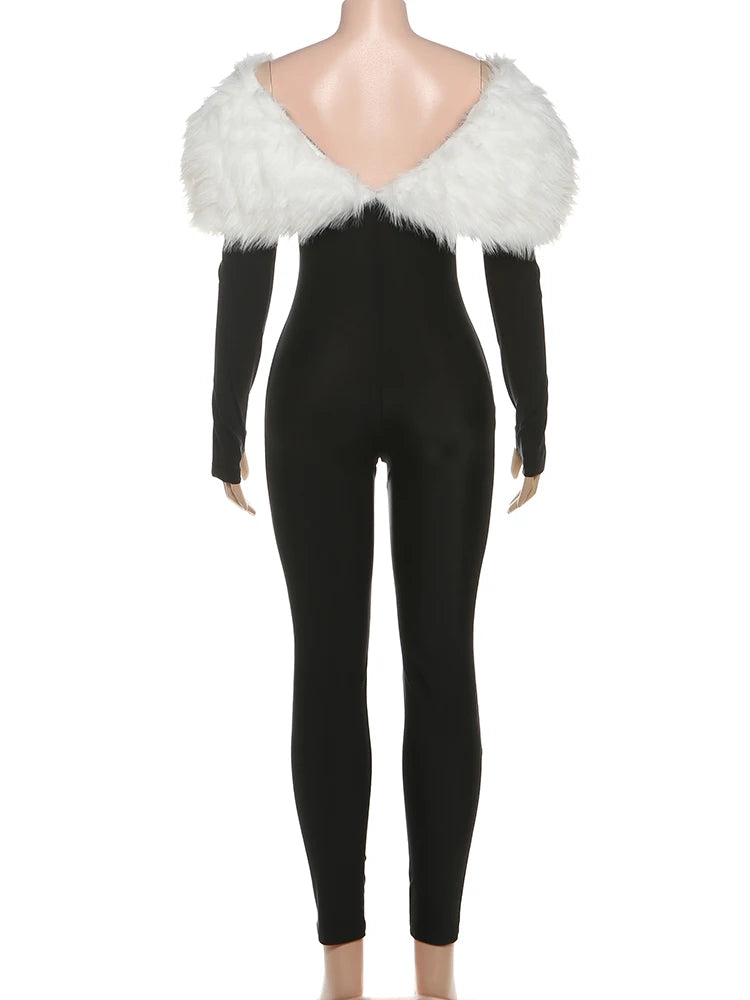 Furry Slash Neck Hollow Patchwork Jumpsuit — Women's Luxury