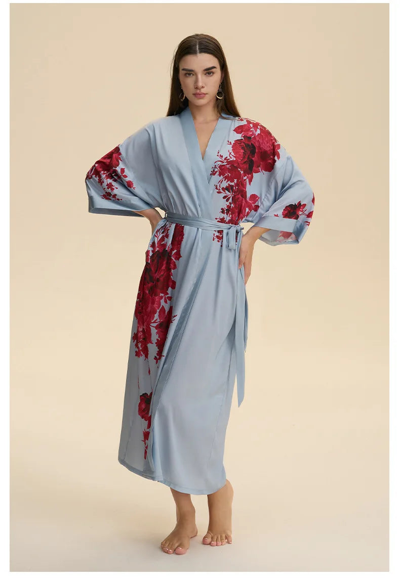 Plus Size Print Flower Long Robe Kimono Gown New Female Sleepwear Bathrobe Home Dress Loose Silky Satin Night Clothes Loungewear