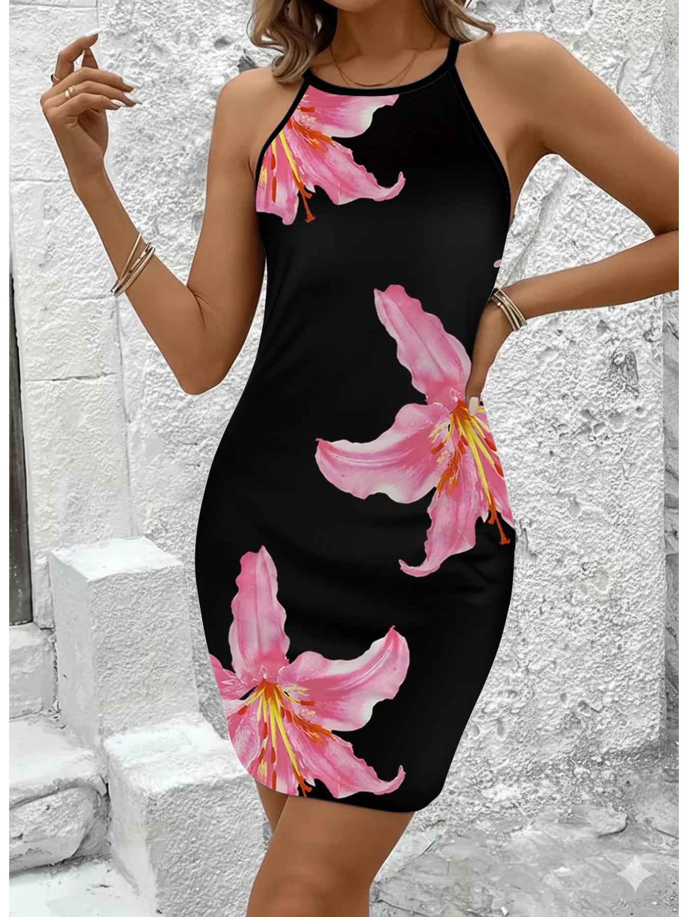 Women's Floral Print Camisole Dress Casual Summer Elegance round Neck Sleeveless Mid-Length Skirt