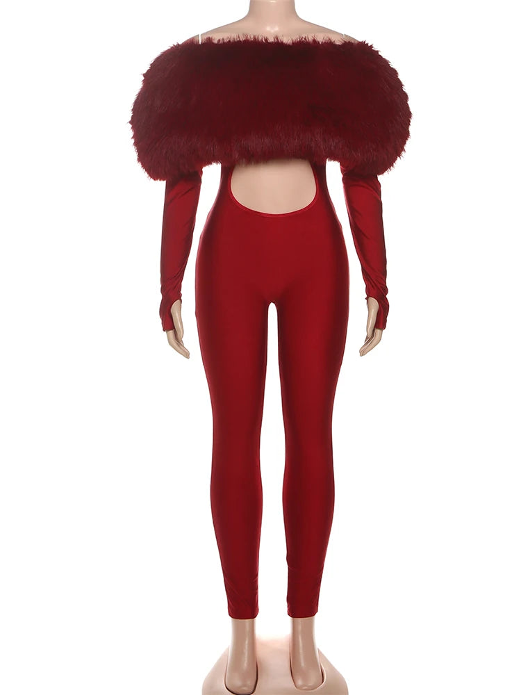 Furry Slash Neck Hollow Patchwork Jumpsuit — Women's Luxury