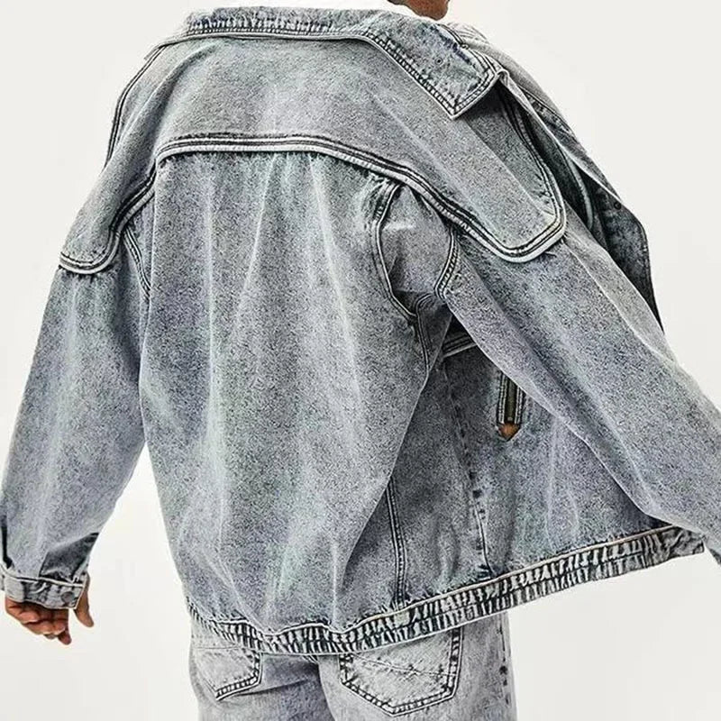 American Retro Jacket Snowflake Washed Vintage Denim Jacket Zipper Pocket Tooling Lapel Jean Coats Loose Motor Jaqueta Outerwear