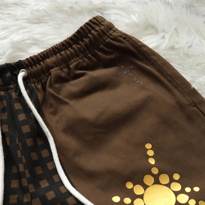 Cactus Jack Shorts Fashion Casual  Loose Color Blocking Patch Black Drawstring Elastic Waist Shorts Men Women Streetwear Pants