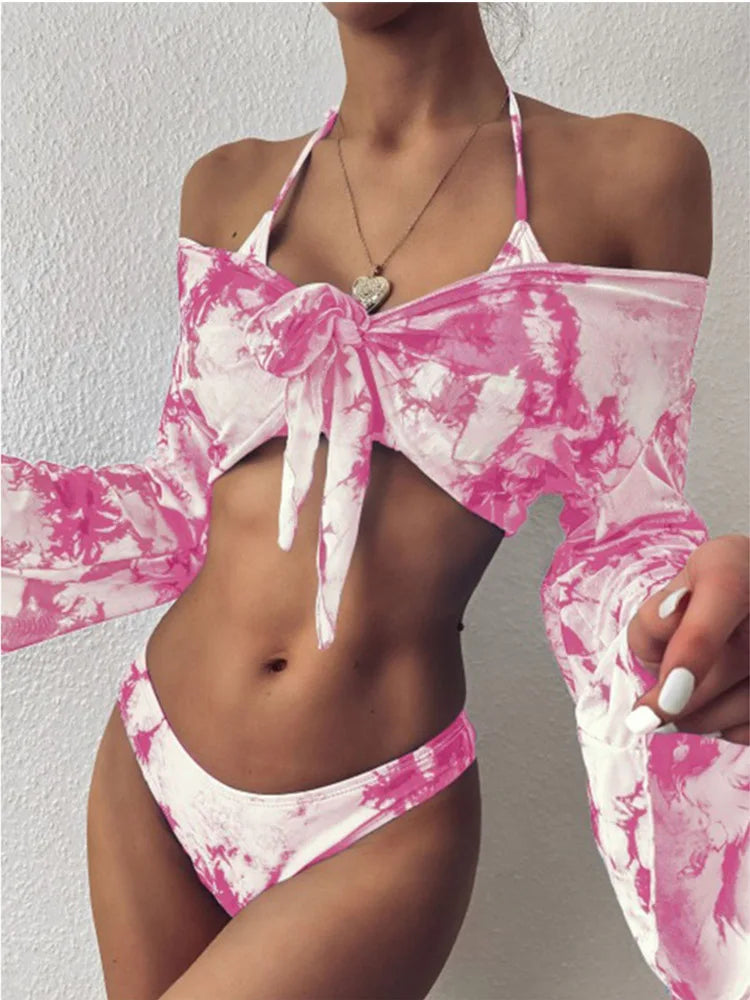 Sexy 3 Piece Swimsuit Women Leopard Print Push Up Padded Biquini Brazilian Summer Bathing Suit Long Sleeve Thong Bikini Swimwear
