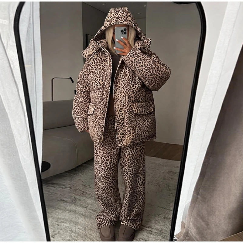 Women Leopard Print 2‑Piece Outfit Hooded Puffer Coat Wide Leg Pants Set Loose Warm Winter Street  Ladies Matching Outfit Suit