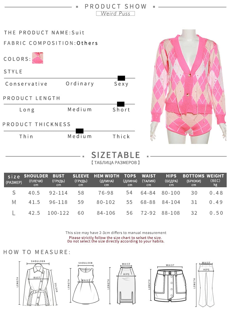 Weird Puss Sweater Women 2 Piece Set Hipster Tassel Plaid Cardigan Tops+Mini Shorts Stretch Autumn Trend Matching Street Outfits