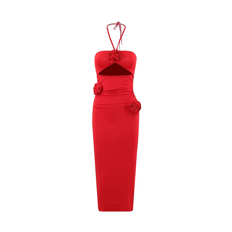Fashion 3D Floral Backless Halter Cut Out Long Dress Women's Hollow out Solid Sexy Bodycon Dress Summer Club Party Clothing 2025
