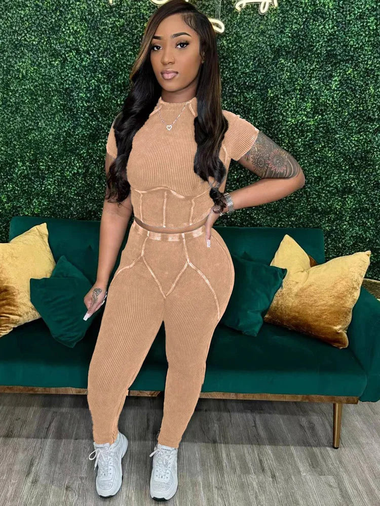 Kricesseen Breaking The Rules Mineral Wash Set Two-Piece Outfits Casual Ribbed Tracksuits Set Night Club Outfits Fitted Overalls