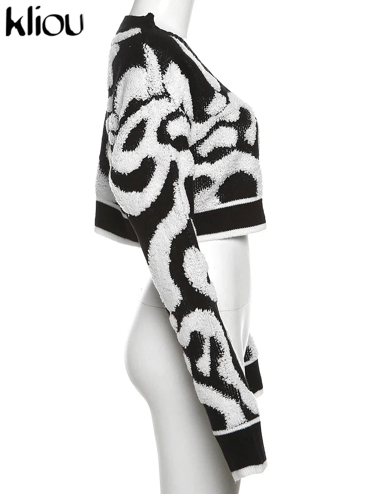 Kliou Knit Coats ladies Autumn New Full Sleeve Breasted Buttons V-neck Ruched Sweather Outwear Bare Midriff Street Tops