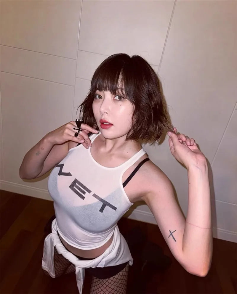 Shestyle Transparent White Crop Top Women 2024 Autumn Sleeveless Wet Letter Print Super Stars Same Style Tank Theatrical Costume
