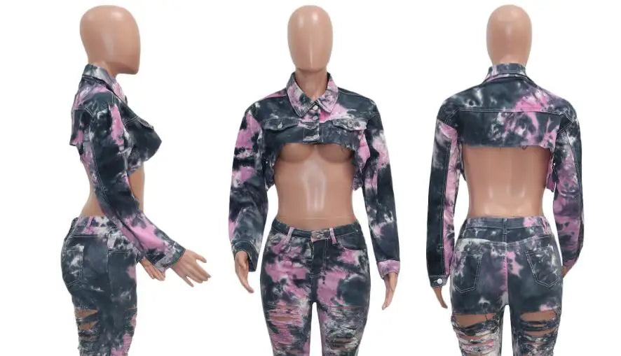 CM.YAYA Autumn Tie Dye Women Long Sleeve Mini jeans Coat Fashion Lady Jackets