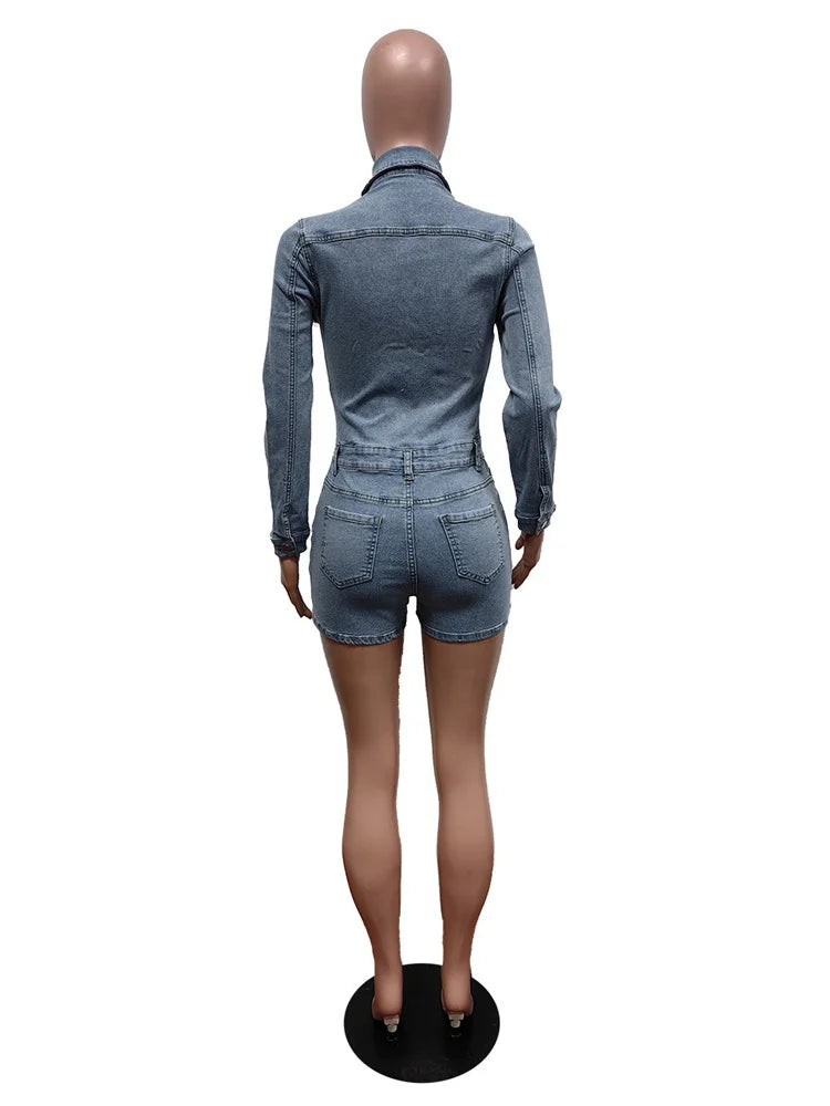 Weird Puss Elastic Denim Women Playsuit Lapel Single-Breasted Full Sleeve One Pieces Shorts Trendy Vintage High Street Partywear