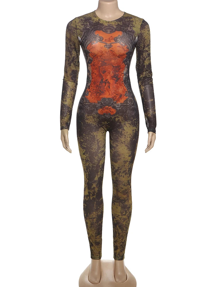 Weird Puss Tie-Dye Print Jumpsuit Women Fitness Stretch Tight Sexy o-Neck Full Sleeve Skinny Streetwear Autumn Zip Slim Overalls