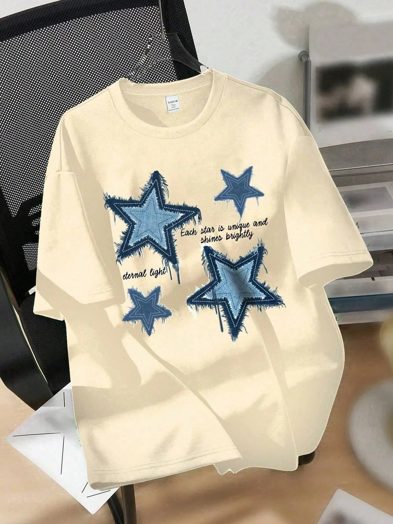 Fashion Five Pointed Star Pattern Cotton Tshirt Summer Round Neck Short Sleeve ForWomen Casual Korean Solid Color Streetwear Top
