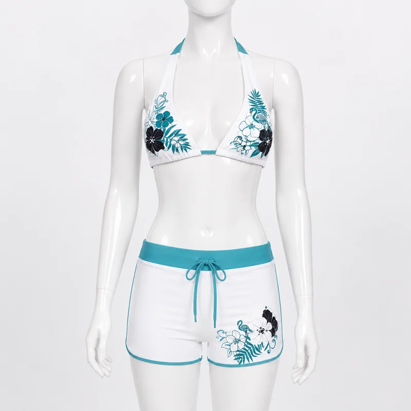 Women Floral Bikini Set Halter Triangle Top Drawstring Boyshort Bottom Two Piece Sexy Beach Swimwear Summer Vacation 2026
