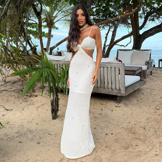2025 New Sexy Women Peals Dresses Halter Naked Waist Cut Out Maxi Dress Summer Party Evening Female Vestidos