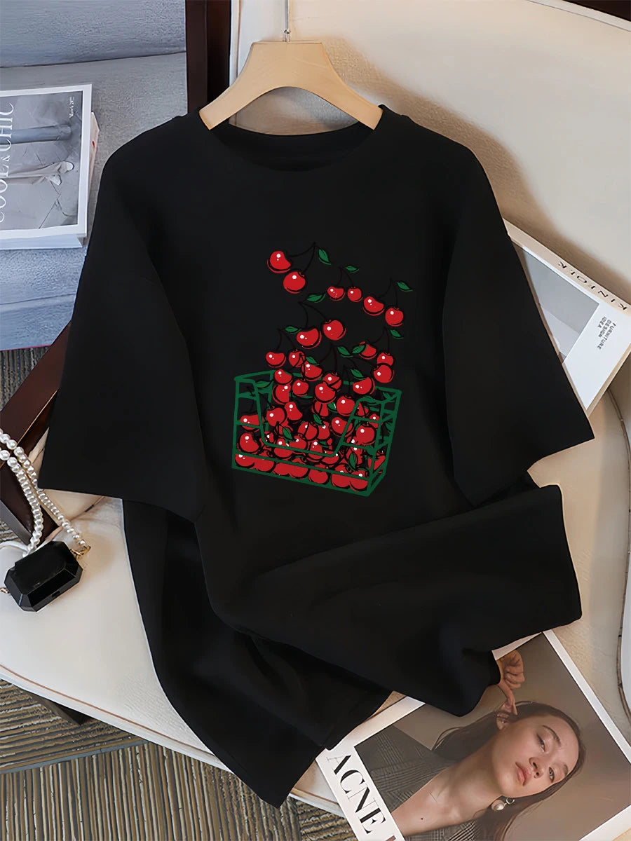 A Basket Of Cherries Printing Female Tee Shirt Breathable Casual T-Shirts Summer Short Sleeve Soft Loose Streetwear Women