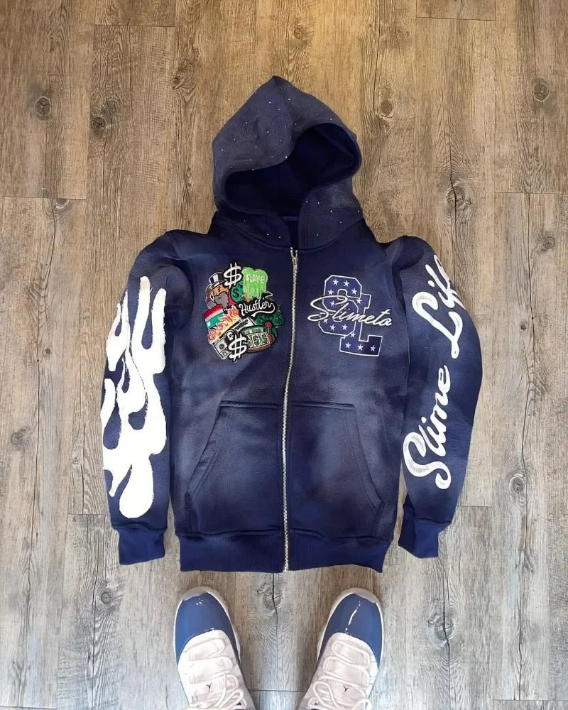 Harajuku Trend Brand Casual Loose Oversized Zipper Hoodie Men Y2k Gothic Retro Letter Flame Embroidered Sweatshirt Jacket Women