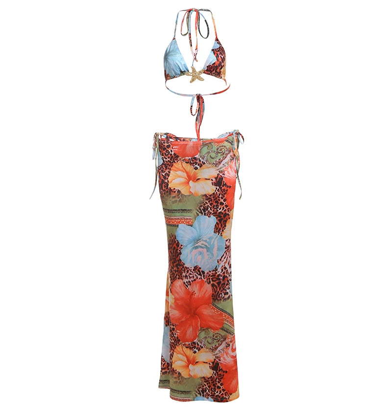 Weird Puss Beach Style Women 3Piece Set Swimsuit Colorful Print Bandage Bra+Briefs+Maxi Skirts Vacation Midnight Club Party Suit