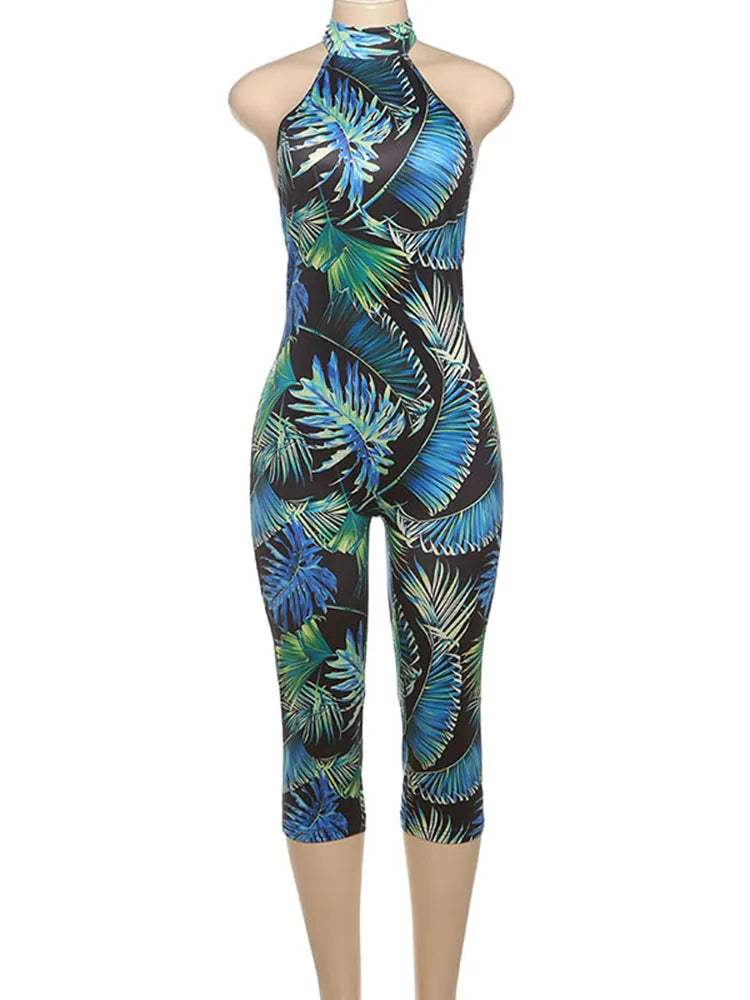 Weird Puss Backless Romper Women Halter Bandage Leopard Print Fit Tight Stretch Summer Sexy Hipster Activity Workout Playsuits